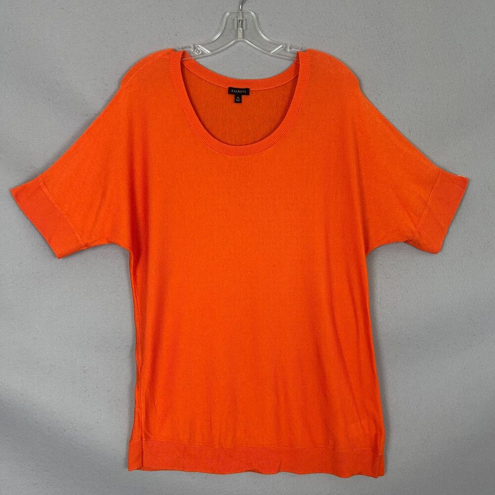 Talbots Womens XL 16-18 Orange Short Sleeve Knit Sweater Scoop Neck Pullover